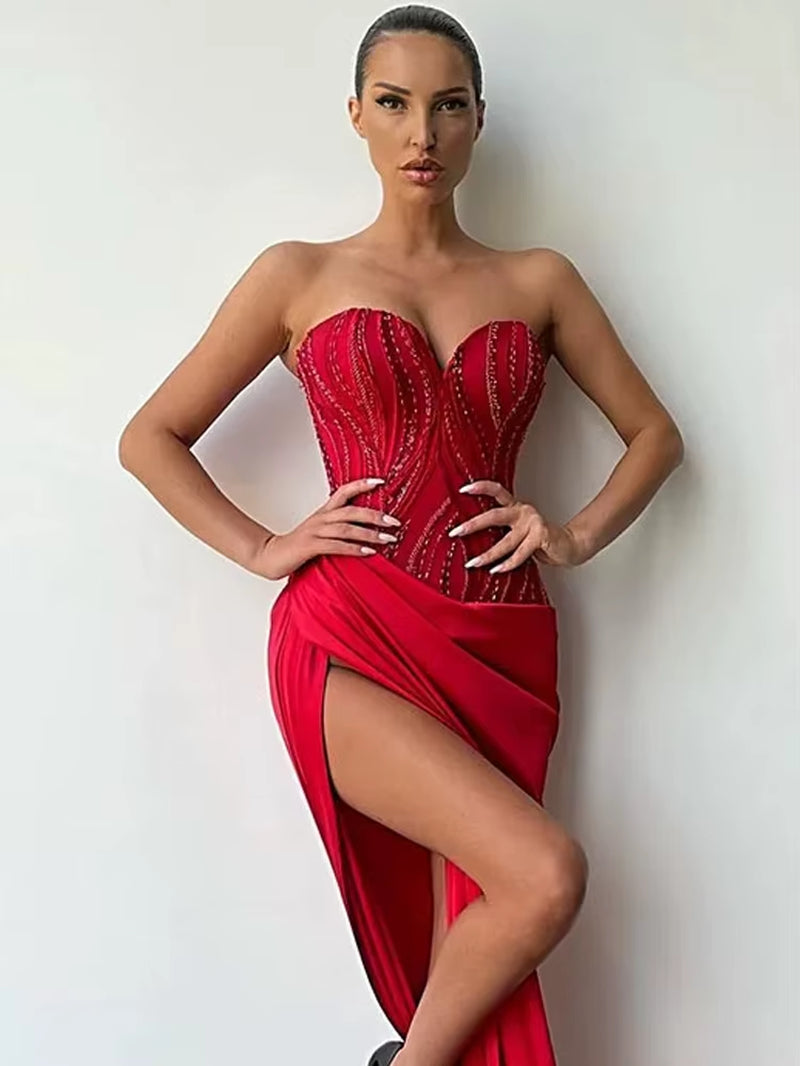 Customized Red Strapless Evening Dresses Luxury Sexy Beading Sleeveless Ball Gown Elegant Party Dress Robes De Soirée Retro