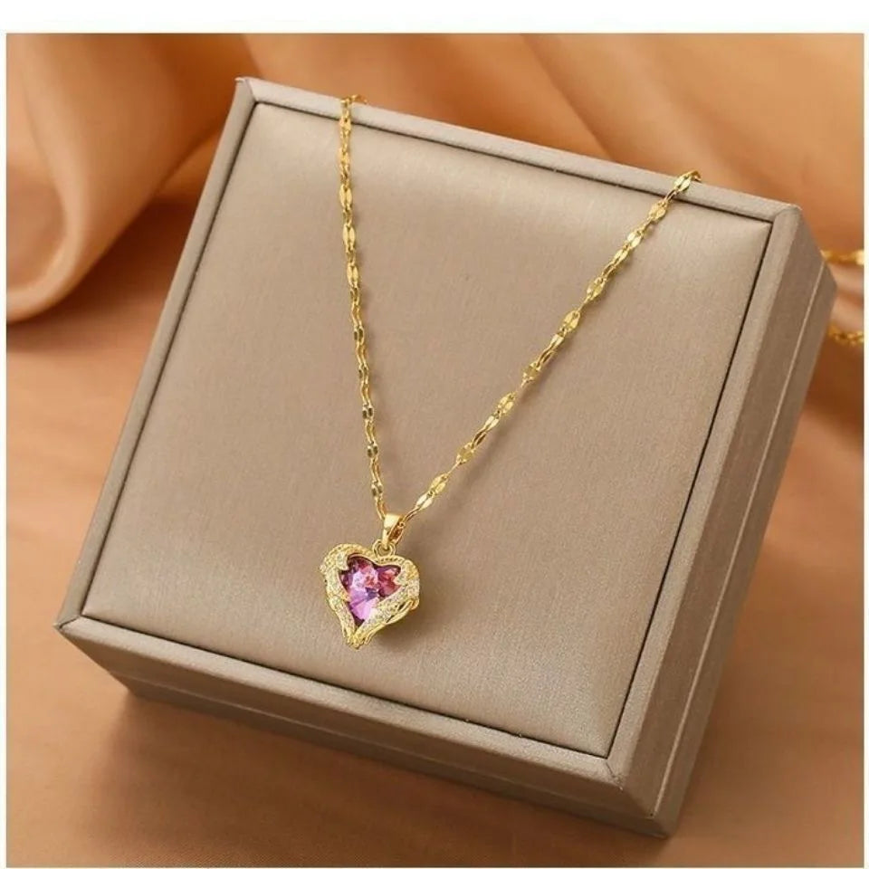 Luxury Colorful Crystal Ocean Heart Pendant Necklace in 316L Stainless Steel for Women - Trendy Wedding Jewelry