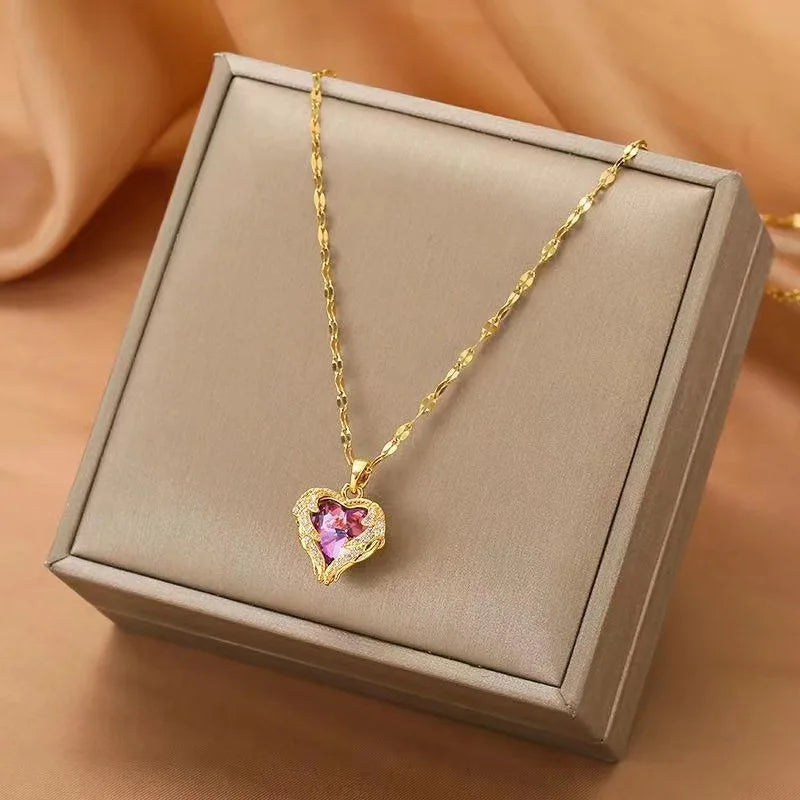 Luxury Colorful Crystal Ocean Heart Pendant Necklace in 316L Stainless Steel for Women - Trendy Wedding Jewelry
