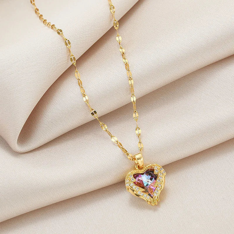 Luxury Colorful Crystal Ocean Heart Pendant Necklace in 316L Stainless Steel for Women - Trendy Wedding Jewelry