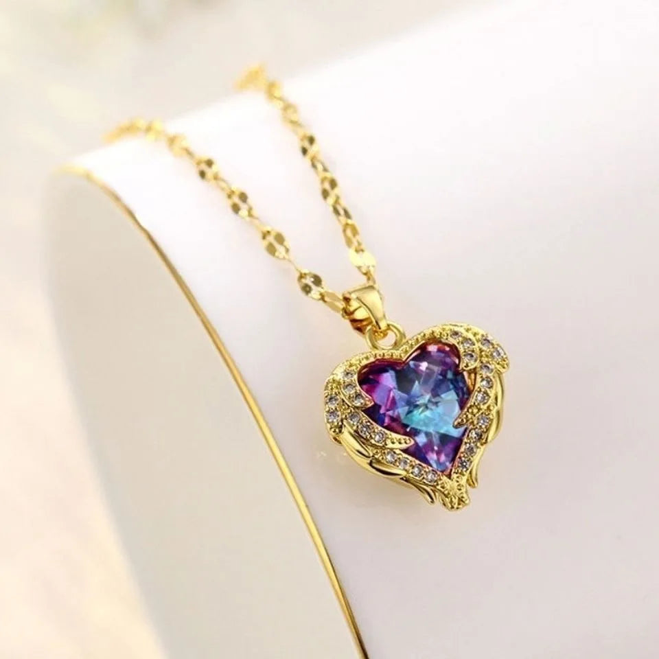 Luxury Colorful Crystal Ocean Heart Pendant Necklace in 316L Stainless Steel for Women - Trendy Wedding Jewelry