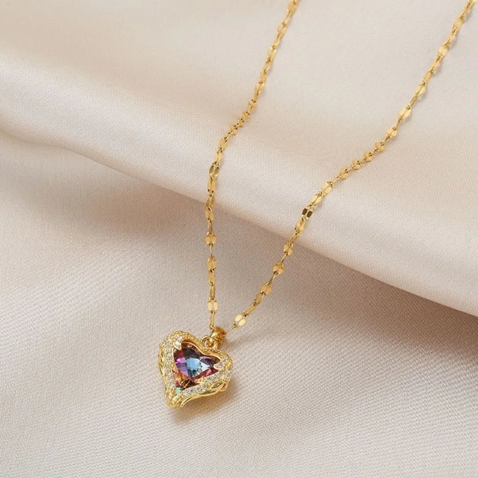 Luxury Colorful Crystal Ocean Heart Pendant Necklace in 316L Stainless Steel for Women - Trendy Wedding Jewelry