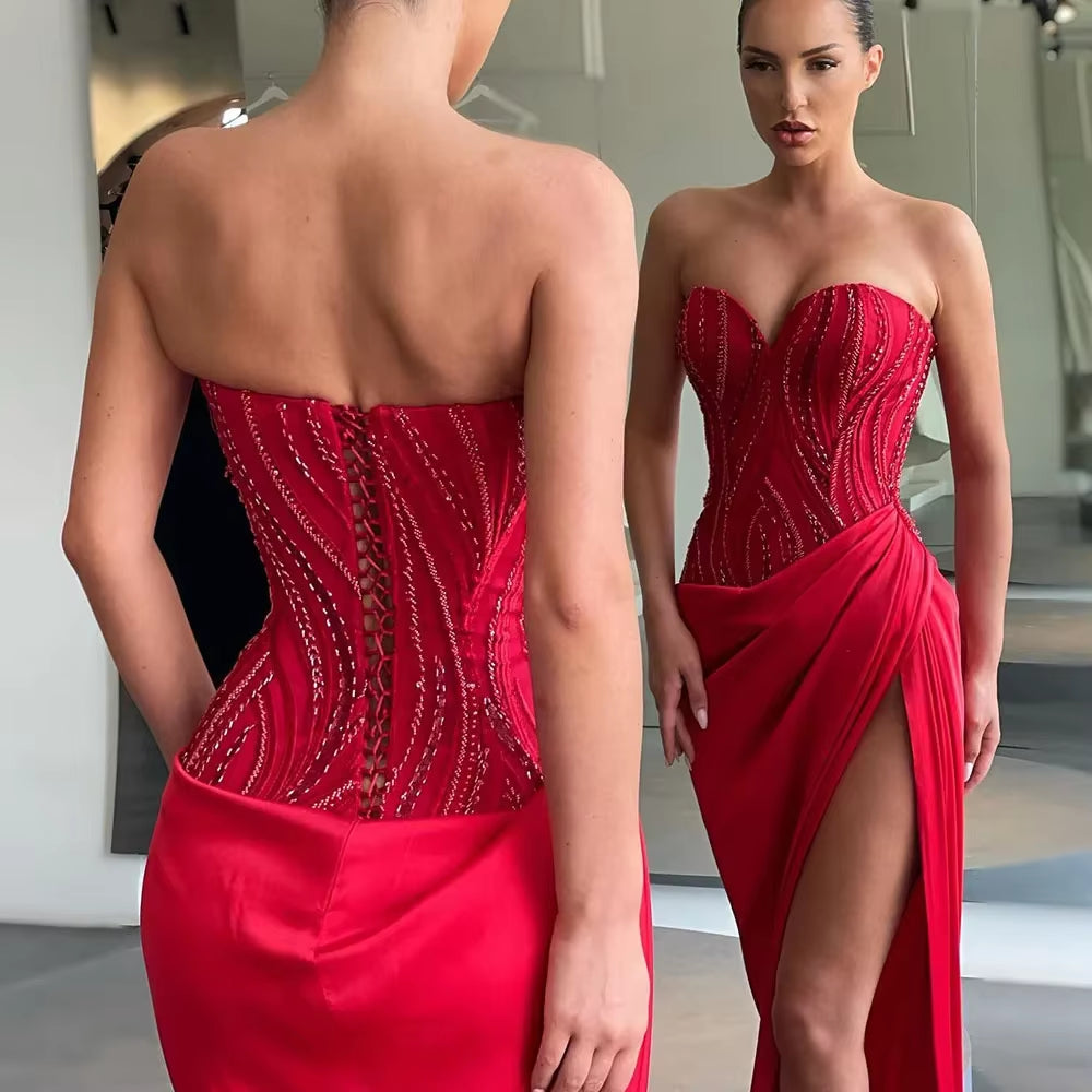 Customized Red Strapless Evening Dresses Luxury Sexy Beading Sleeveless Ball Gown Elegant Party Dress Robes De Soirée Retro