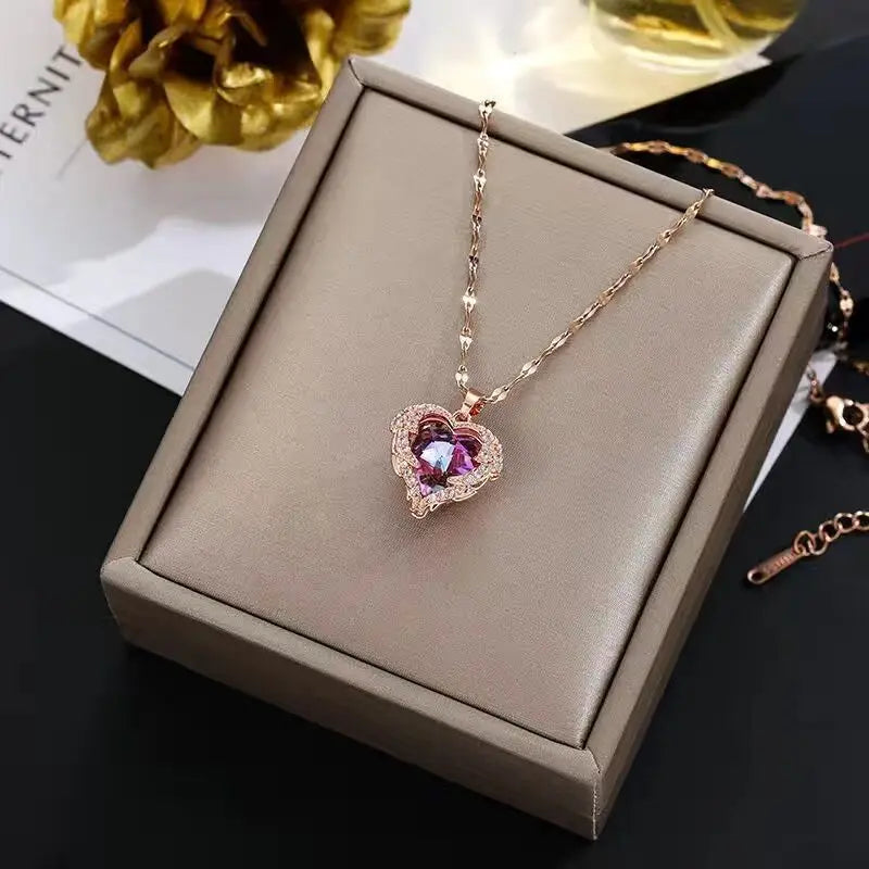 Luxury Colorful Crystal Ocean Heart Pendant Necklace in 316L Stainless Steel for Women - Trendy Wedding Jewelry