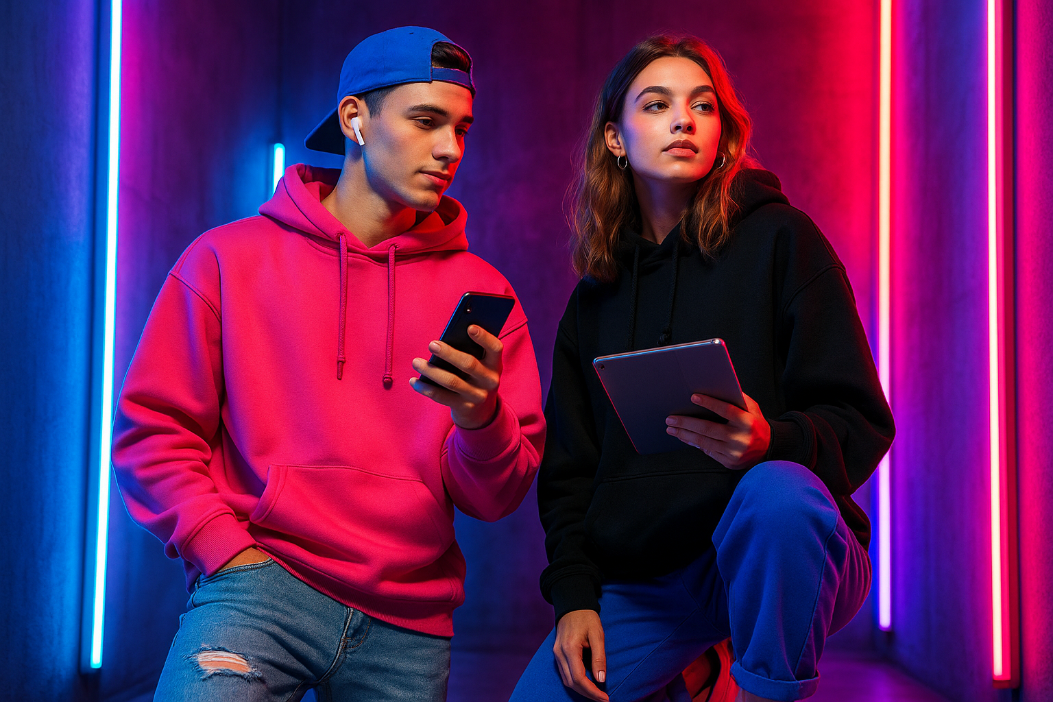 one man and girl genz clothing brand image not formal with gagets in hands and dymanic lighting